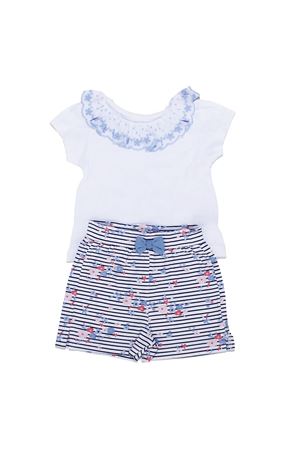 Kız Bebek Beyaz Lacivert Çiçek Desenli Yakası Fırfırlı Şortlu 2'li Takım