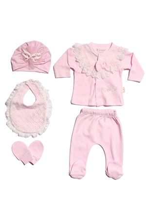 Kız Bebek Pembe Melek Kanatlı Dantelli 5 Parça Hastane Çıkış Seti