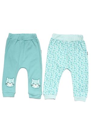 Kız Bebek Yeşil Kedi Baskılı Leopar Desenli 2'li Tek Alt Set