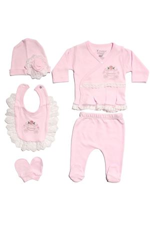Kız Bebek Pembe Çiçek Nakışlı Dantelli 5 Parça Hastane Çıkış Seti