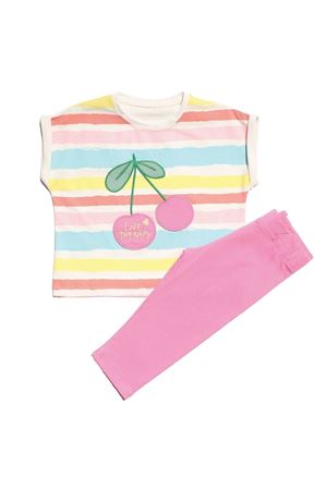 Kız Çocuk Pembe Renkli Çizgili Kiraz Nakışlı Taytlı 2'li Takım