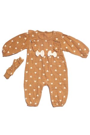 Kız Bebek Kahve Kalp Desenli Fiyonklu Bandanalı Müslin Tulum