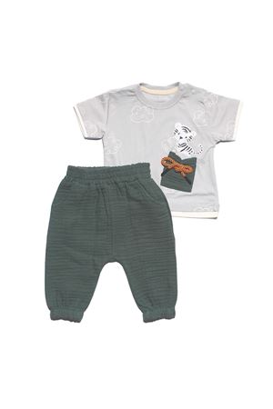 Erkek Bebek Gri Yeşil Müslin Pantolonlu Kaplan Baskılı 2'li Takım