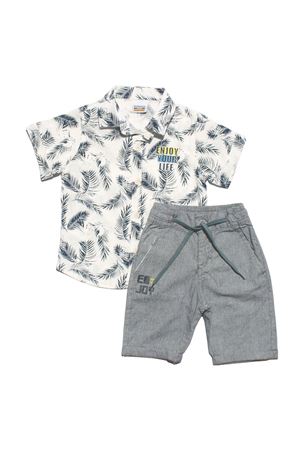 Erkek Çocuk Beyaz Gömlekli Yaprak Baskılı Gri Şortlu 2'li Takım