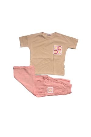 Kız Çocuk Bej Pembe Keten Pantalonlu Papatyalı 2 li Takım