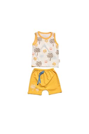 Erkek Bebek Ekru Sarı Palmiye Desenli Şortlu 2'li Takım