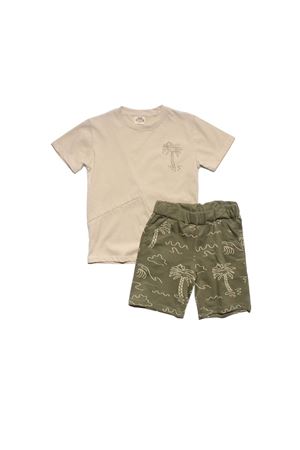 Erkek Çocuk Bej Palmiye Baskılı Haki Şortlu 2'li Takım