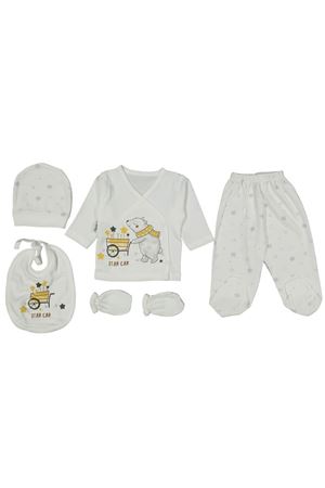 Erkek Bebek Ekru Star Car Ayılı Desenli 5 Parça Hastane Çıkış Seti