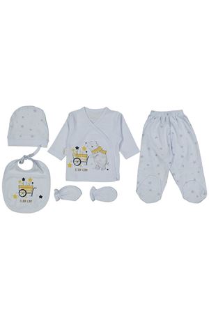 Erkek Bebek Mavi Star Car Ayılı Desenli 5 Parça Hastane Çıkış Seti