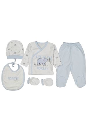 Erkek Bebek Ekru Mavi Forest Ayılı 5 Parça Hastane Çıkış Seti