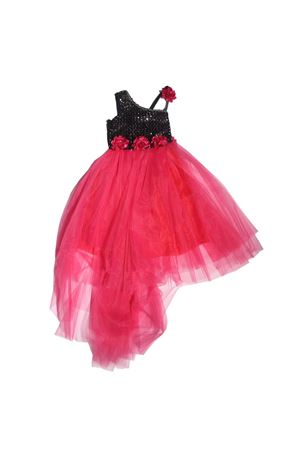 Kız Çocuk Fuşya Siyah Tek Kolu Güllü Simli Abiye Elbise