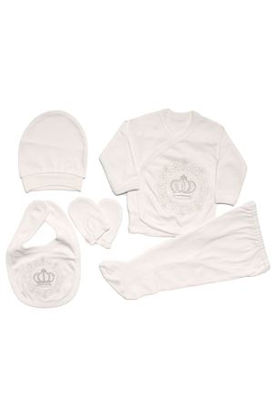 Erkek Bebek Ekru Taşlı Taçlı 5 Parça Hastane Çıkış Seti