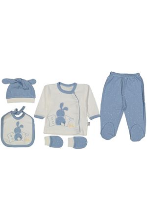 Erkek Bebek Ekru Mavi Boy Tavşan Nakışlı 5 Parça Hastane Çıkışı