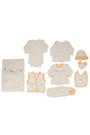 Kız Bebek Ekru Sarı Flowers Çiçek Nakışlı 10 Parça Hastane Çıkışı