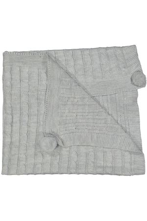 Unisex Bebek Gri Aralıklı Örgülü Desenli Ponponlu Triko Battaniye 80x90