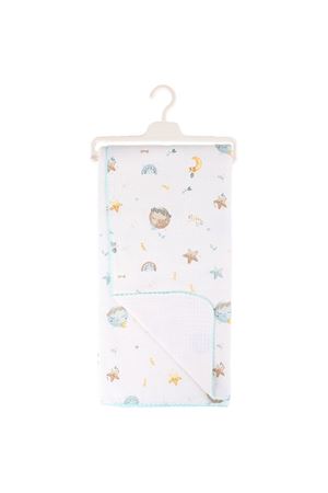 Erkek Bebek Beyaz Yeşil Biyeli Aylı Yıldızlı Desenli Pikeli Müslin Battaniye 80x90