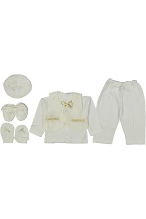 Erkek Bebek Ekru Gold Simli Cebli Papyonlu 5'li Mevlüt Takımı