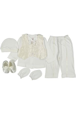 Erkek Bebek Ekru Gold Kendinden Desenli Papyonlu 5'li Mevlüt Takımı