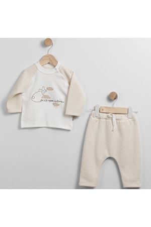 Erkek Bebek Ekru Bej Uçak Desenli 2'li Takım