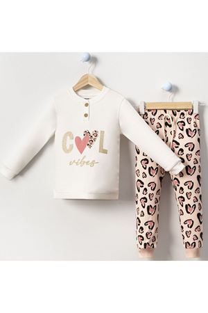 Kız Çocuk Ekru Kahverengi Cool Kalp Baskılı 2'li Pijama Takımı