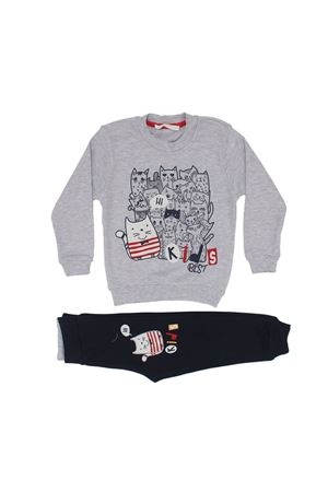 Erkek Çocuk Gri Lacivert Kedi Baskılı 2'li Eşofman Alt Üst Takım