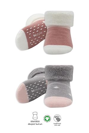 Bistyle Puanlı Kaymaz Havlu Soket Çorap 2'Li BS10502 Gri Pudra
