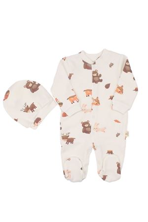 Ekru Kahve Ceylanlı Desenli Uzun Kol Bereli Eldivenli Tulum