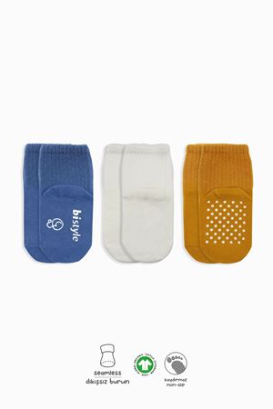 Bistyle 3'Lü Basic Kaymaz Penye Soket Çorap 10107 İndigo Ekru Hardal