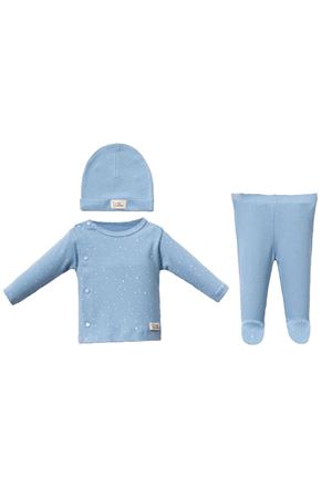 Mavi Beyaz Noktalı Kendinden Eldivenli Bereli 3'lü Takım