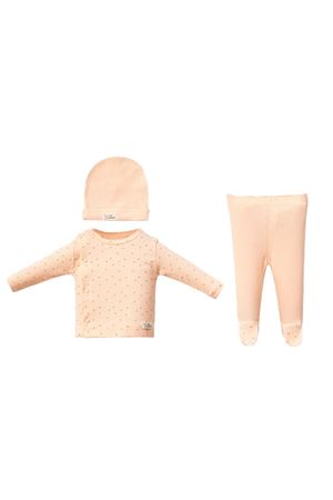 Kız Bebek Somon Çiçek Desenli Kendinden Eldivenli Bereli 3'lü Takım