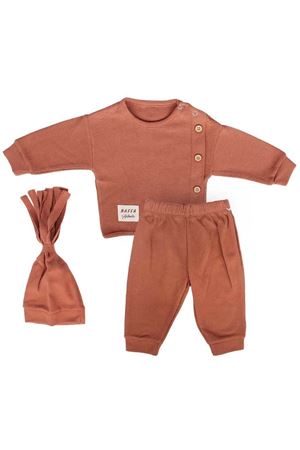 Erkek Bebek Kahve Yandan Düğmeli Şapkalı 3'lü Takım