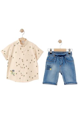 Erkek Çocuk Bej Summer Palmiye Baskılı Kot Şortlu İkili Takım