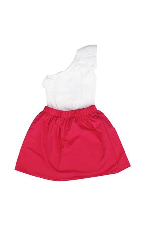 Kız Çocuk Beyaz Fuşya Fırfırlı Tek Omuzlu Etekli Takım