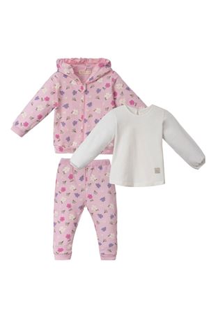 Kız Bebek Pembe Çiçek Desenli Fırfırlı Kapüşonlu 3'lü Set