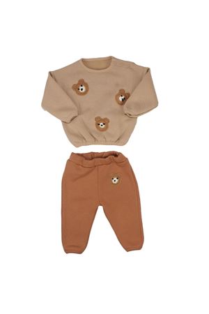 Erkek Bebek Kahve Ayıcık Nakışlı 3 İplik 2'li Takım