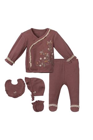 Kız Bebek Gül Kurusu Fitilli Fırfırlı Çiçek Nakışlı 5'li Hastane Çıkışı