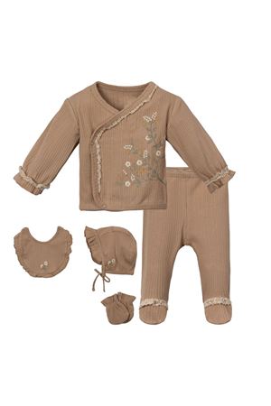 Kız Bebek Bej Fitilli Fırfırlı Çiçek Nakışlı 5'li Hastane Çıkışı