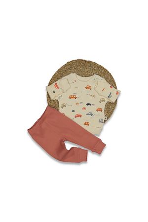 Erkek Bebek Ekru Turuncu Renkli Araba Desenli Fitilli 2'li Takım