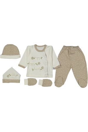 Kız Bebek Ekru Kahve Happy Çiçek Nakışlı 5 Parça Hastane Çıkış Seti