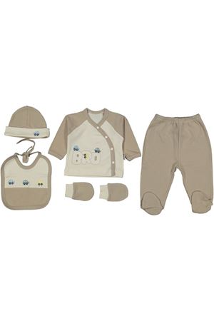 Erkek Bebek Ekru Kahve Bro Araba Nakışlı 5 Parça Hastane Çıkış Seti