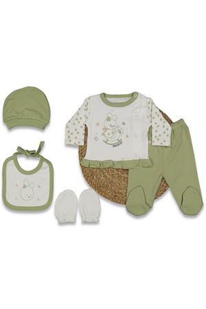 Kız Bebek Ekru Yeşil Tavşanlı Çiçekli Desenli 5'li Hastane Çıkış Seti