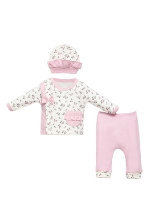 Kız Bebek Ekru Pembe Çicek Desenli Fırfırlı Bereli 3'lü Takım