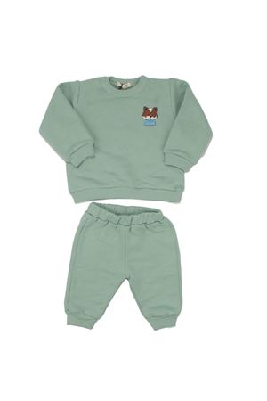 Erkek Bebek Yeşil Tilki Nakışlı 3 İplik 2'li Takım