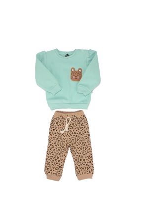 Su Yeşili Kahve Kedi Nakışlı Leopar Desenli 3 İp 2'li Kız Bebek Takım