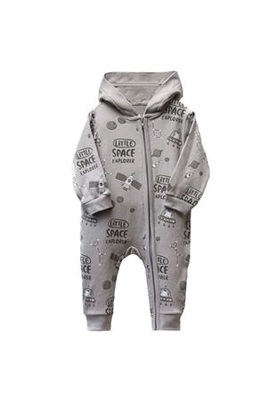 Erkek Bebek Gri Uzay Baskılı Fermuarlı Kapüşonlu Tulum