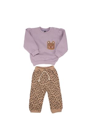 Lila Kahve Kedi Nakışlı Leopar Desenli 3 İp 2'li Kız Bebek Takım