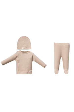 Bej Beyaz Noktalı Kendinden Eldivenli Bereli 3'lü Takım