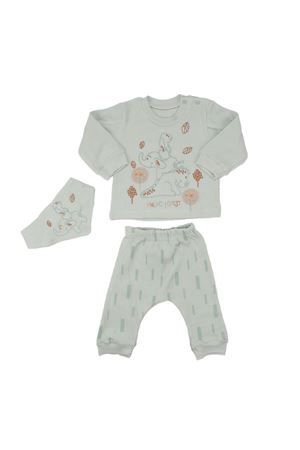 Erkek Bebek Su Yeşili Filli Nakışlı Önlüklü Waffle 3'lü Takım