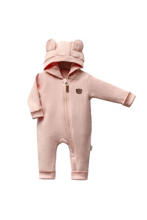 Ayıcık Armalı Kapüşonlu 3 İplik Fermuarlı Pembe Kız Bebek Tulum