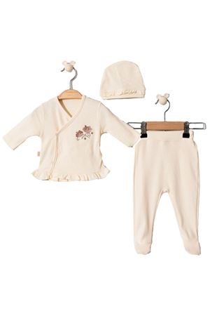 Kız Bebek Ekru Kanaviçe Çicek Nakışlı Fırfırlı Bereli Patikli 3'lü Takım